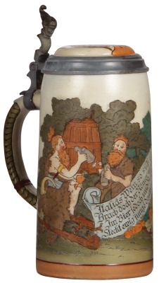 Pottery stein, 1.0L, etched, marked 1629, by Marzi & Remy, inlaid lid, mint.