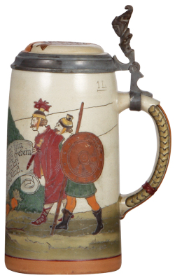 Pottery stein, 1.0L, etched, marked 1629, by Marzi & Remy, inlaid lid, mint. - 2