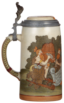 Pottery stein, 1.0L, etched, marked 1629, by Marzi & Remy, inlaid lid, mint. - 3