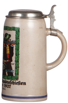 Stoneware stein, 1.0L, transfer & hand-painted, 18. Deutsches Bundesschiessen München 1927, Officieller Festkrug, pewter lid, mint. - 2