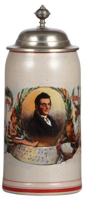 Stoneware stein, 1.0L, transfer & enameled, Franz Xaver Gabelsberger, invented shorthand, pewter lid, rare, mint.