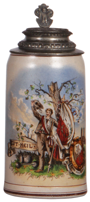 Stoneware stein, 1.0L, transfer & hand-painted, marked Th. Schmid, München, Gut Heil, 4F, Turn Verein Pasing, relief pewter lid: Frisch, Fromm, Fröhlich, Frei, Karl Gruber [owner] in rear, mint.