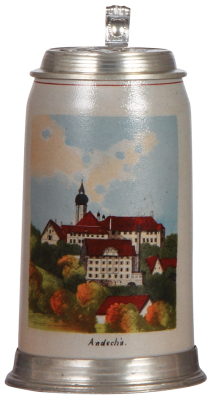 Stoneware stein, 1.0L, transfer & hand-painted, Andechs, relief pewter lid & footring, good old pewter repair, body mint.