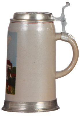 Stoneware stein, 1.0L, transfer & hand-painted, Andechs, relief pewter lid & footring, good old pewter repair, body mint. - 2