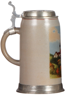 Stoneware stein, 1.0L, transfer & hand-painted, Andechs, relief pewter lid & footring, good old pewter repair, body mint. - 3