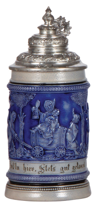 Stoneware stein, .5L, relief, blue saltglaze, marked 698, Gruss aus München, pewter lid, mint.