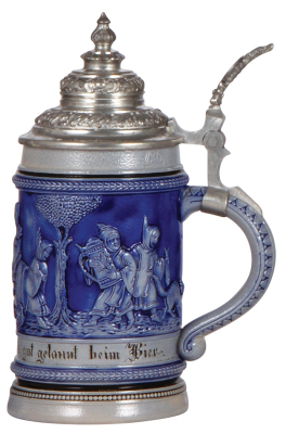 Stoneware stein, .5L, relief, blue saltglaze, marked 698, Gruss aus München, pewter lid, mint. - 2