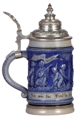 Stoneware stein, .5L, relief, blue saltglaze, marked 698, Gruss aus München, pewter lid, mint. - 3