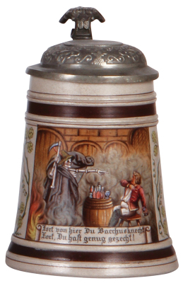 Stoneware stein, .5L, hand-painted, by Saeltzer, artist's mark, Grim Reaper, pewter lid, mint.  