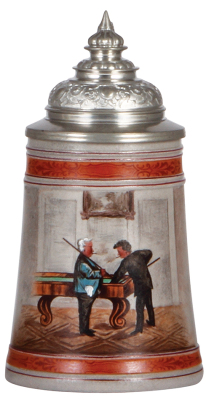 Stoneware stein, .5L, hand-painted, by Saeltzer, artist's mark, billiards game, pewter lid, mint.  