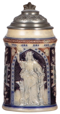 Pottery stein, .5L, relief, marked 177, by Dümler & Breiden, Germania, side scenes: verses & Iron Crosses, pewter lid, mint.