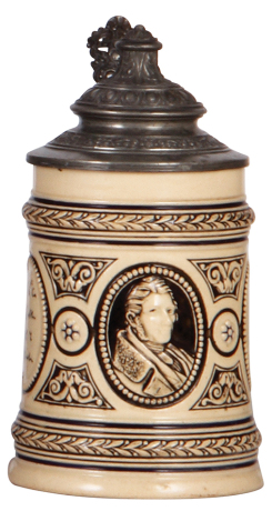 Pottery stein, .5L, relief, marked 395, the inventor of shorthand, pewter lid, mint.