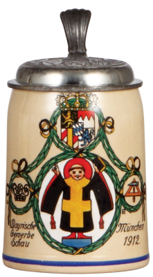 Pottery stein, .5L, transfer & handpainted, Bayrische Gewerbe Schau 1912 in München, designed by F. Ringer, relief pewter lid with Bavarian cities, mint.