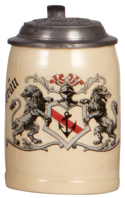 Pottery stein, .5L, transfer & hand-painted, marked Sarreguimines, Ankerbräu, Munich, matching relief pewter lid, tight hairline in rear, small pewter tear.