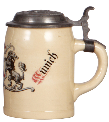 Pottery stein, .5L, transfer & hand-painted, marked Sarreguimines, Ankerbräu, Munich, matching relief pewter lid, tight hairline in rear, small pewter tear. - 2