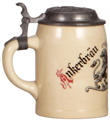 Pottery stein, .5L, transfer & hand-painted, marked Sarreguimines, Ankerbräu, Munich, matching relief pewter lid, tight hairline in rear, small pewter tear. - 3