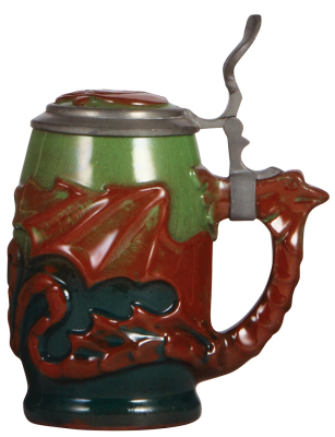Pottery stein, .5L, relief, marked Max v. Haider, Art Nouveau, stylized dragon, inlaid lid, mint.
