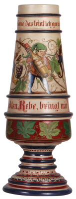 Stoneware pokal, 12.9" ht., hand-painted, marked Saeltzer, gnomes, no lid, small top rim flake.  