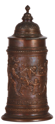 Pottery stein, 1.0L, relief marked 779, patent, pewter lid, 1'' hairline on side, patina flake on edge of lid.