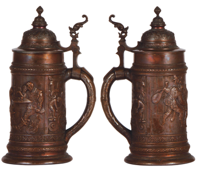 Pottery stein, 1.0L, relief marked 779, patent, pewter lid, 1'' hairline on side, patina flake on edge of lid. - 2