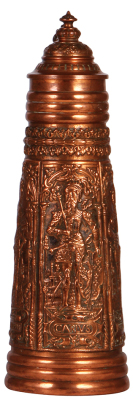 Pottery stein, 12.8'' ht., relief, marked 61 Patent, copper overlay, Cesar, Carlus, Alexander, pewter lid, mint.