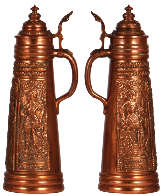 Pottery stein, 12.8'' ht., relief, marked 61 Patent, copper overlay, Cesar, Carlus, Alexander, pewter lid, mint. - 2