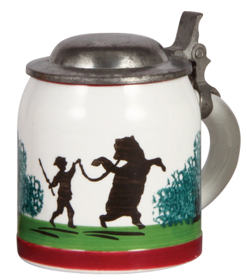 Porcelain stein, 3.5'' ht., marked Sarreguemines, transfer & hand-painted, people and dancing bear, pewter lid, mint.