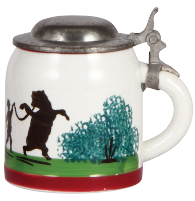 Porcelain stein, 3.5'' ht., marked Sarreguemines, transfer & hand-painted, people and dancing bear, pewter lid, mint. - 2