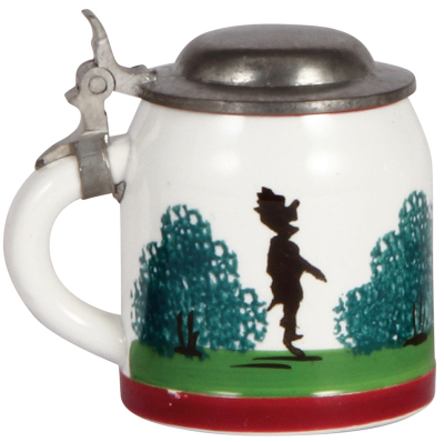 Porcelain stein, 3.5'' ht., marked Sarreguemines, transfer & hand-painted, people and dancing bear, pewter lid, mint. - 3