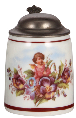 Porcelain stein, 3.5'' ht., transfer, child & flowers, pewter lid, mint.