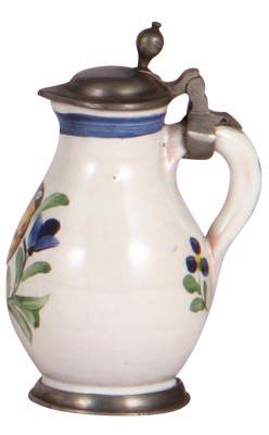 Faience stein, 3.8" ht., early 1900s, Birnkrug, pewter lid & footring, excellent condition. - 2