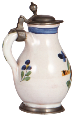 Faience stein, 3.8" ht., early 1900s, Birnkrug, pewter lid & footring, excellent condition. - 3