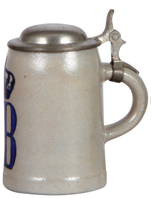 Stoneware stein, 3.9'' ht., marked M. & W. Gr., transfer & hand-painted, HB, pewter lid, mint. - 2