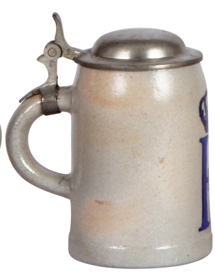 Stoneware stein, 3.9'' ht., marked M. & W. Gr., transfer & hand-painted, HB, pewter lid, mint. - 3