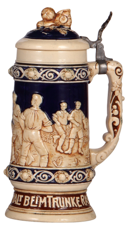 Pottery stein, 1.0L, relief, Fussball [Soccer Game], pottery lid, mint.