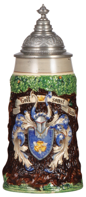 Pottery stein, 1.0L, relief, marked 1458, Wir Deutsche fürchten Gott sonst Nichts auf der Welt, pewter lid, mint.