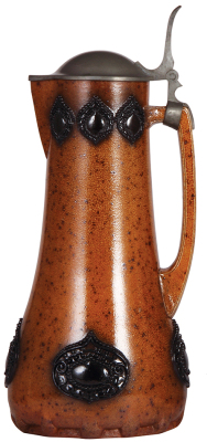 Stoneware stein, 14.5'' ht., relief, marked 2092, made by Reinhold Merkelbach, designed by Paul Wynand, brown saltglaze, Art Nouveau, pewter lid, mint.