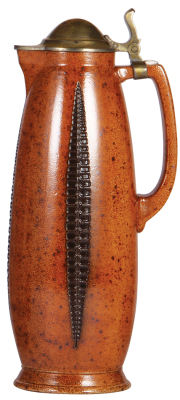 Stoneware stein, 13.5'' ht., relief, marked 2113, made by Reinhold Merkelbach, designed by Paul Wynand, brown saltglaze, Art Nouveau, pewter lid, mint.