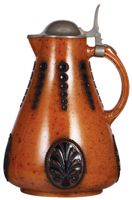 Stoneware stein, 12.8'' ht., relief, marked 1444, marked Reinhold Merkelbach, designed by Paul Wynand, brown saltglaze, Art Nouveau, pewter lid, mint.