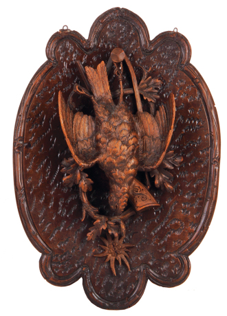 Black Forest game plaque, 15.5" x 10.8", c. 1900, carved in Switzerland, linden wood, three bird & rifle, very good condition.