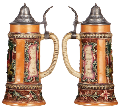 Two Diesinger steins, pottery, .5L, relief, #2, pewter lid, small glaze flaw on top rim; with, .5L, relief, #532, pewter lid, very good condition. - 3