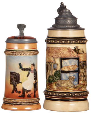 Two Diesinger steins, pottery, .5L, threading, #5, inlaid lid, good condition; with, 1.0L, threading, #1097, dog below ship in upper window, pewter lid has a very good tear repaired, body good condition.