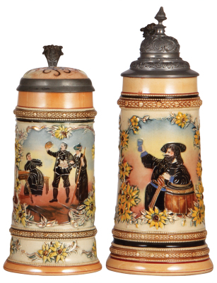 Two Diesinger steins, pottery, .5L, threading, no number, inlaid lid, good condition; with, .5L, threading, no number, pewter lid, good condition.