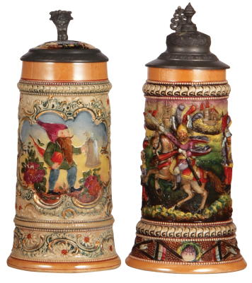 Two Diesinger steins, pottery, .5L, relief & threading, #180, inlaid lid, good condition; with, .5L, relief, #648, pewter lid, factory firing line on underside of base, good condition.