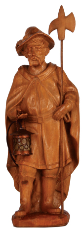 Black Forest wood carving, 22.7' ht. x 8.0'' w. x 7.0'' deep, linden wood, Night Watchman, mid to late 1900s, metal lantern, light has been rewired & working properly, very good quality and condition.