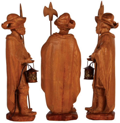 Black Forest wood carving, 22.7' ht. x 8.0'' w. x 7.0'' deep, linden wood, Night Watchman, mid to late 1900s, metal lantern, light has been rewired & working properly, very good quality and condition. - 2