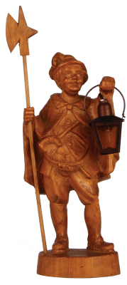 Black Forest wood carving, 18.0" ht. x 7.5'' w. x 5.0'' deep, linden wood, Night Watchman, mid to late 1900s, metal lantern, light has been rewired & working properly, very good quality and condition.