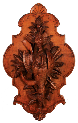 Black Forest game plaque, 26.5" x 16.7", c. 1900, carved in Switzerland, linden wood, three birds, rifle and horn, very good condition.