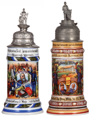 Two Regimental steins, .5L, 11.1" ht., porcelain, 11. Comp., bayr. Inft. Regt. Nr. 7, Bayreuth, 1907 - 1909, two side scenes, roster, lion thumblift, named to: Reservist Hüttner, pewter rim has small dents & deep scratches; with, .5L, 11.7" ht., porcelain