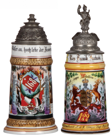 Two Regimental steins, .5L, 9.5" ht., porcelain, Leib Comp., Inft. Regt. Nr. 168, Butzbach, 1897 - 1899, two side scenes, roster, no finial or thumblift, named to: Gefreiter Rohmig, body mint; with, .5L, 10.2" ht., porcelain, 9. Comp., Inft. Regt. Nr. 122